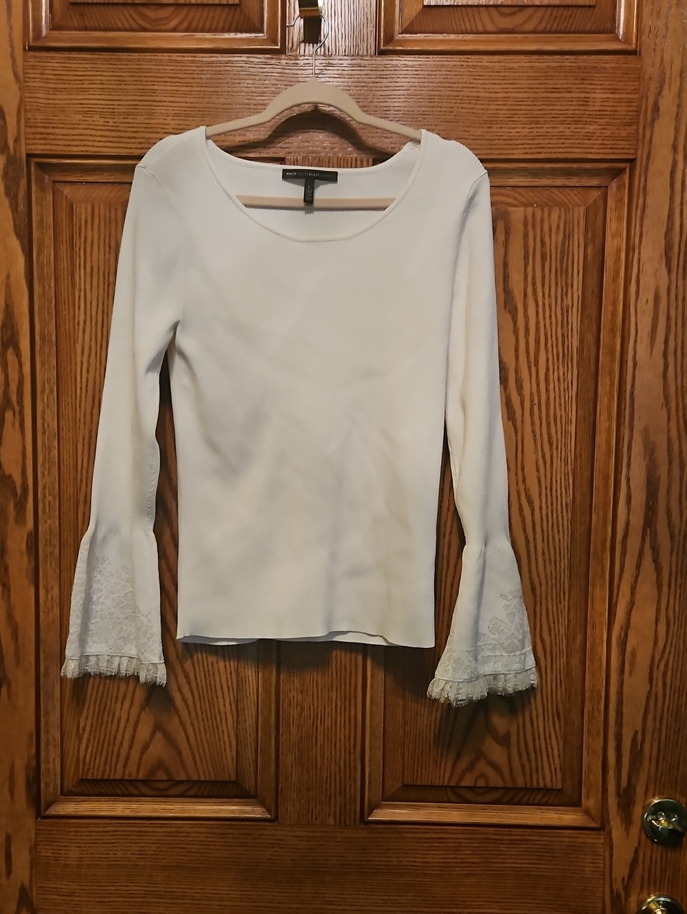 White House Black Market White Bell-Sleeve Lace Cuff Top